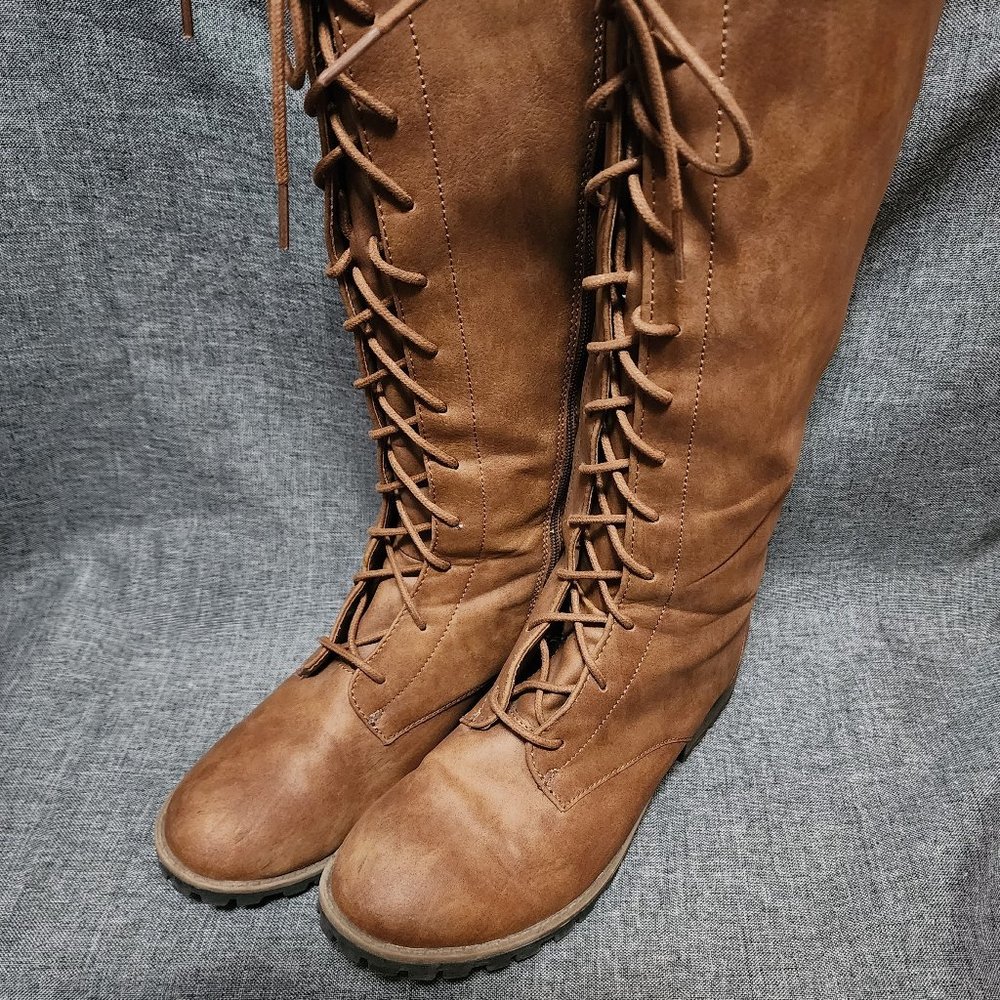 Women's Size 5 Stevies RN#17730 Tan Full Zip Lace Up Knee High Boots